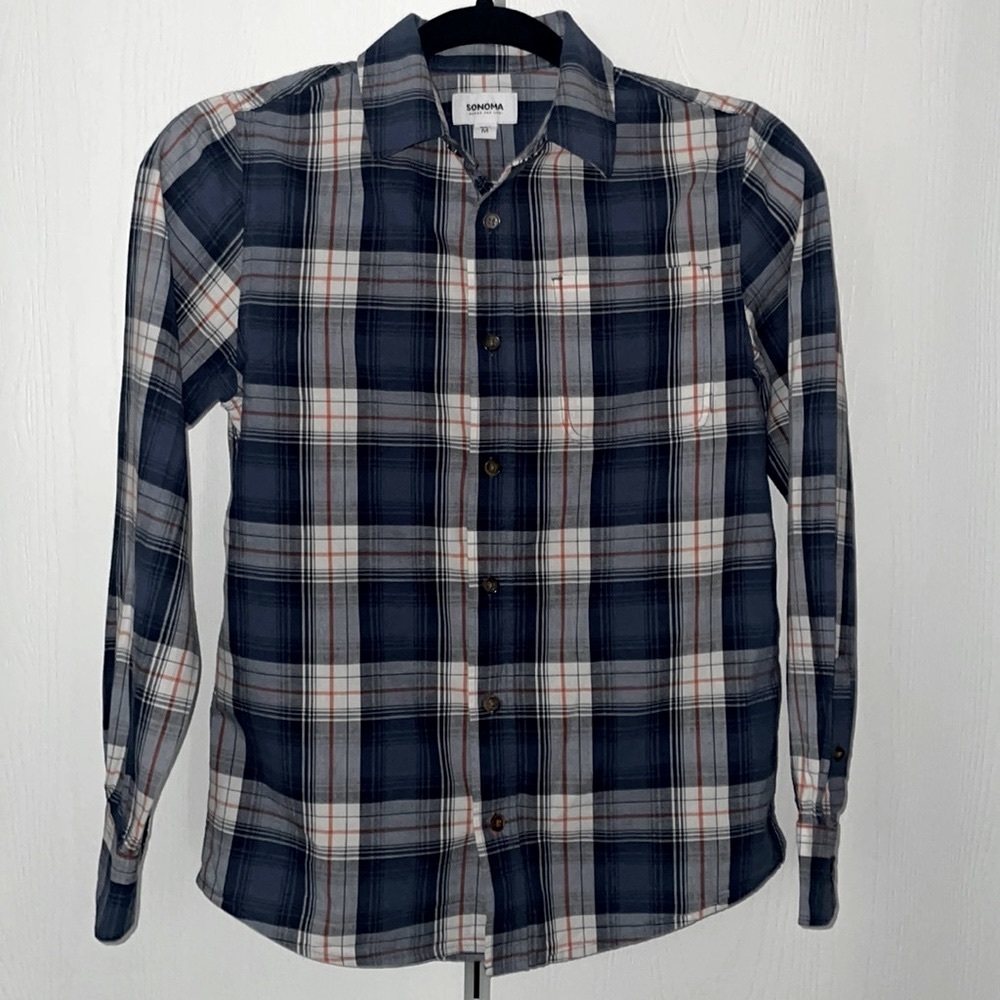 Boys Blue Button Down Plaid Dress Shirt Long Sleeve Size Medium by Sonoma